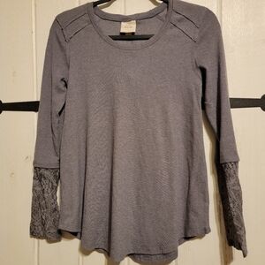 Knox Rose Womens Top Gray Long Sleeve Lace Accents Boho Knit Size XS